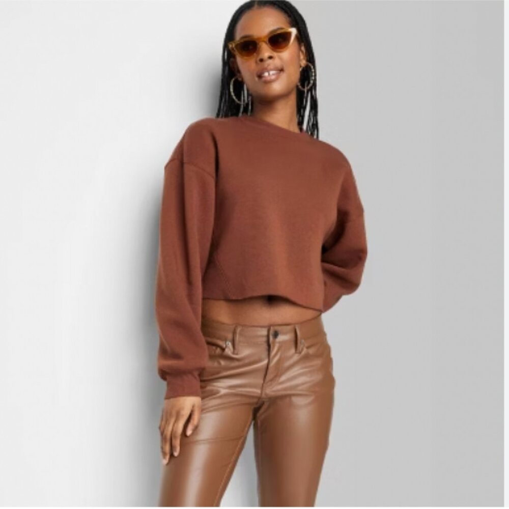 Wild Fable Cropped Crewneck Distressed Sweatshirt | Brown / Caramel | Med - XL